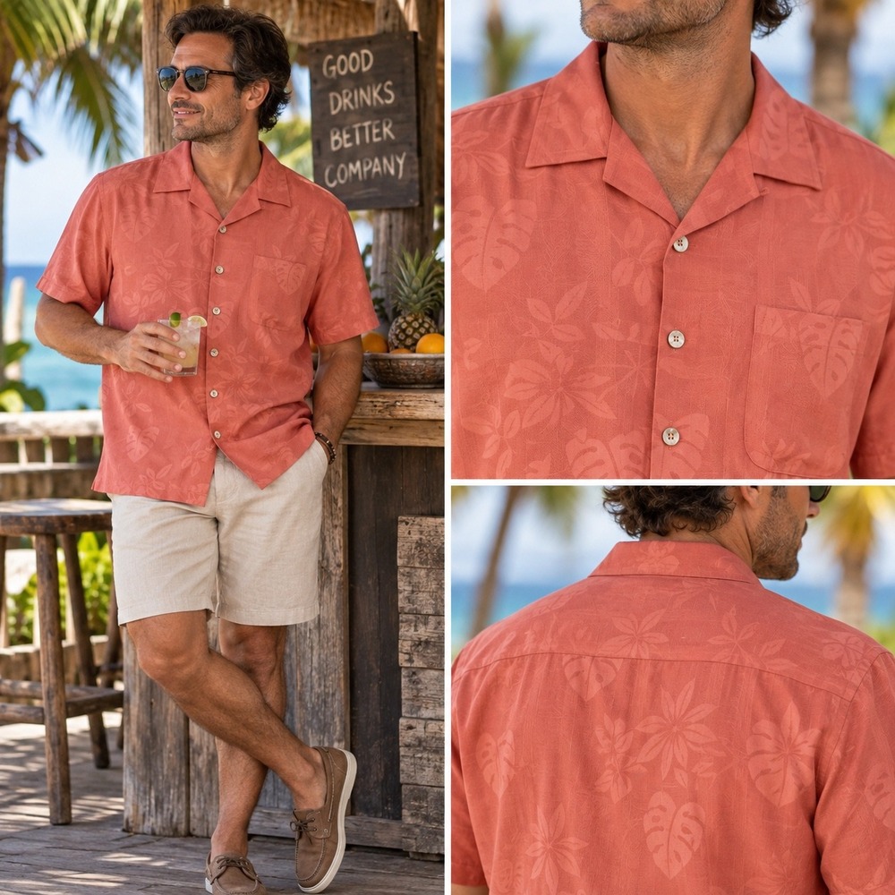 Paradise Blue Mens XL Silk Camp‎ Shirt Coral Pink Tropical Jacquard Short Sleeve